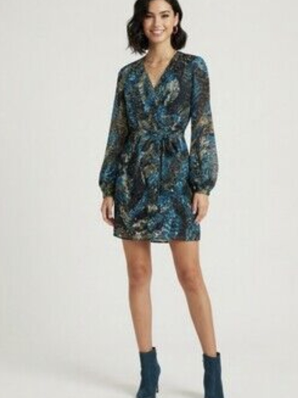 Laundry By Shelli Segal Teal and Black Long Sleeve Wrap Mini Dress